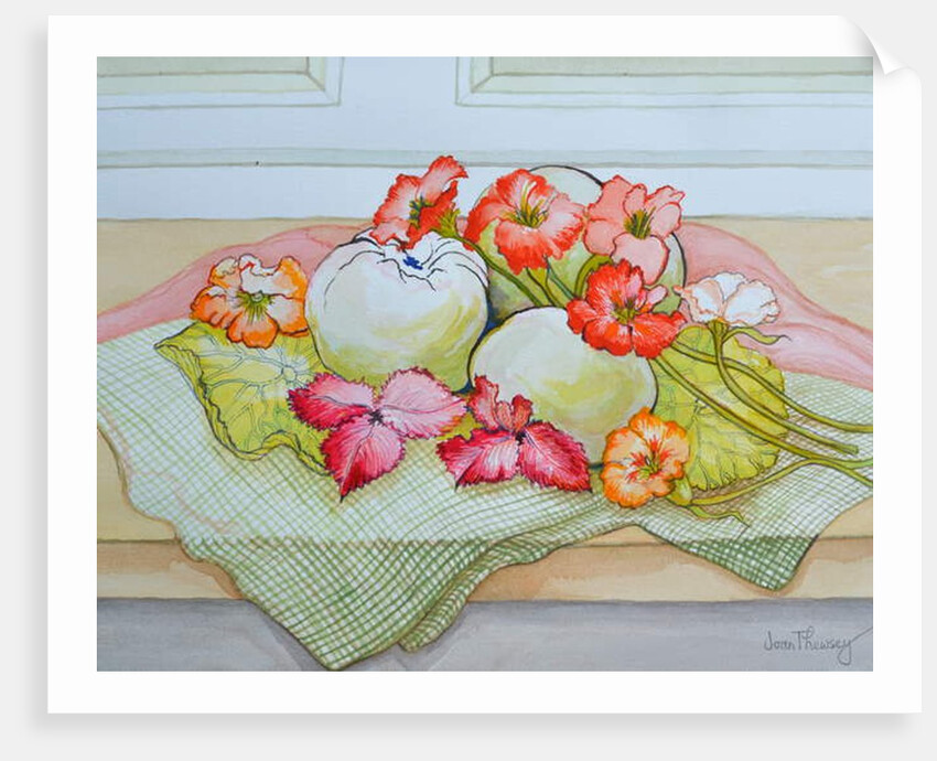 Apples and Nasturtium on a green check cloth by Joan Thewsey