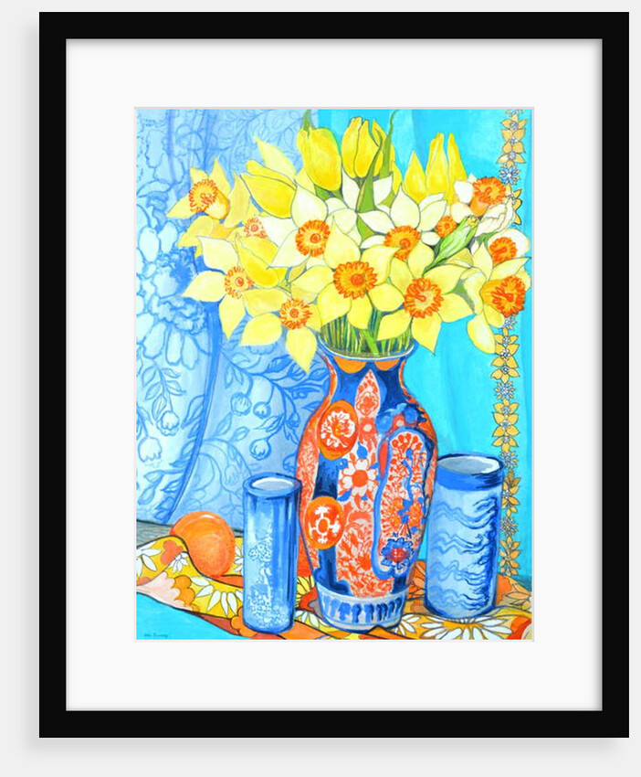 Daffodils and Tulips in an Imani Vase; oranges and textiles by Joan Thewsey