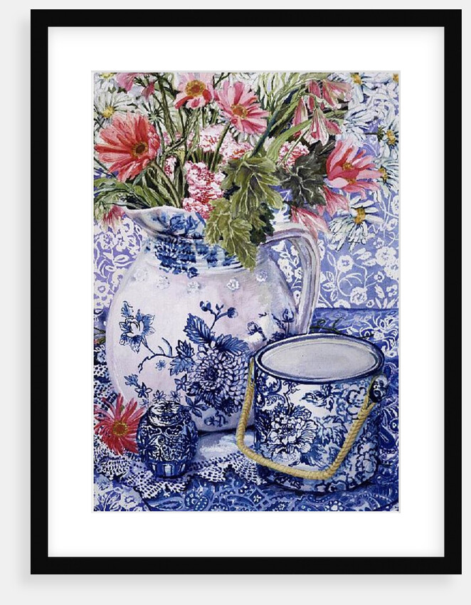 Gerberas in a Coalport Jug with Blue Pots by Joan Thewsey