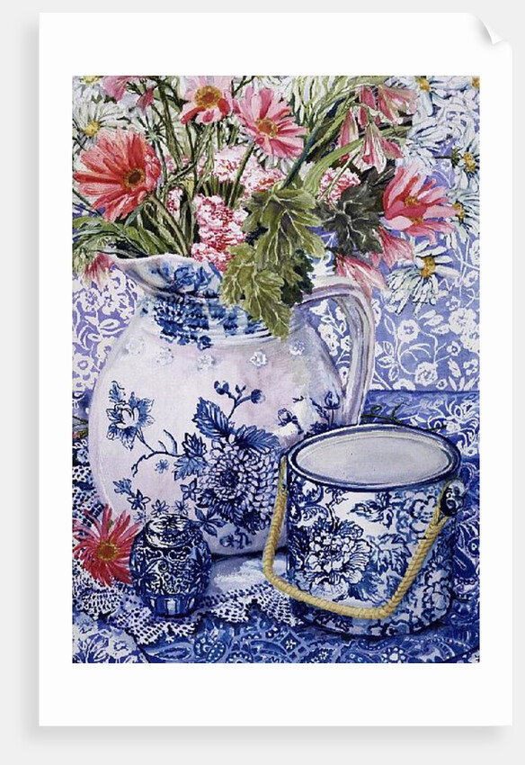 Gerberas in a Coalport Jug with Blue Pots by Joan Thewsey