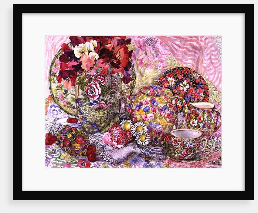 Sweet Peas with Flowered Antique China and Cherries by Joan Thewsey