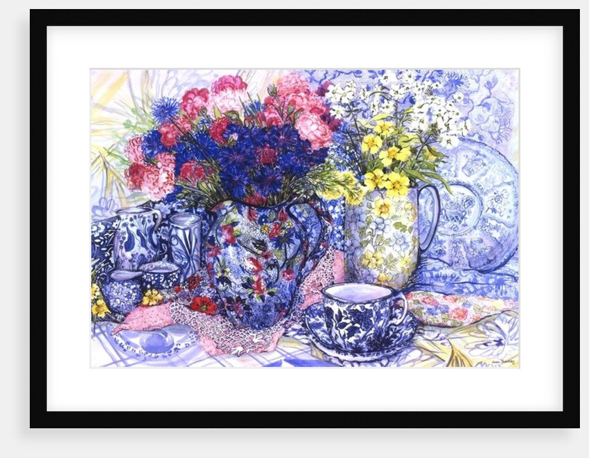 Cornflowers with Antique Jugs and Patterned Fabrics, 2012 by Joan Thewsey