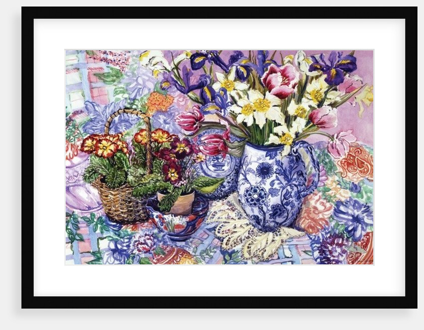 Daffodils, Tulips and Iris in a Jacobean Blue and White Jug with Sanderson Fabric and Primroses, 2012 by Joan Thewsey