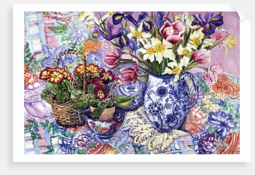 Daffodils, Tulips and Iris in a Jacobean Blue and White Jug with Sanderson Fabric and Primroses, 2012 by Joan Thewsey