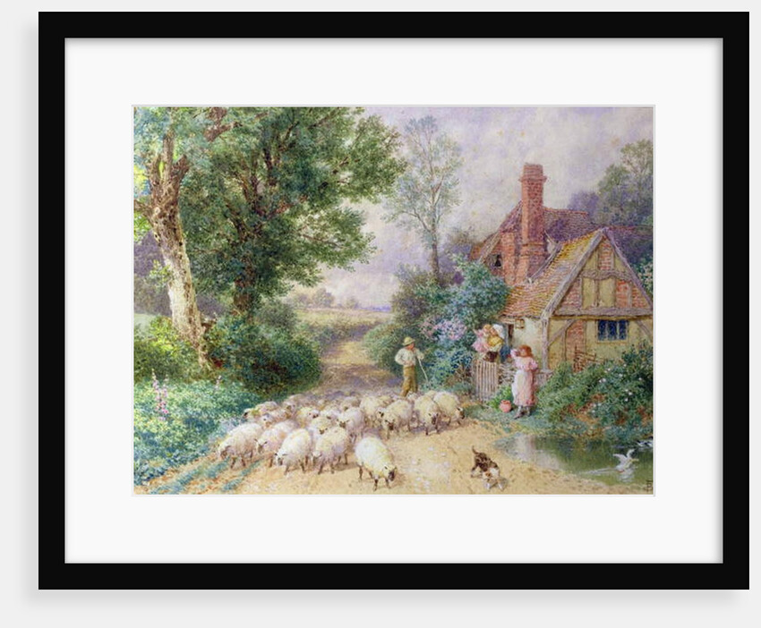 Shepherd and his flock passing a country cottage by Myles Birket Foster