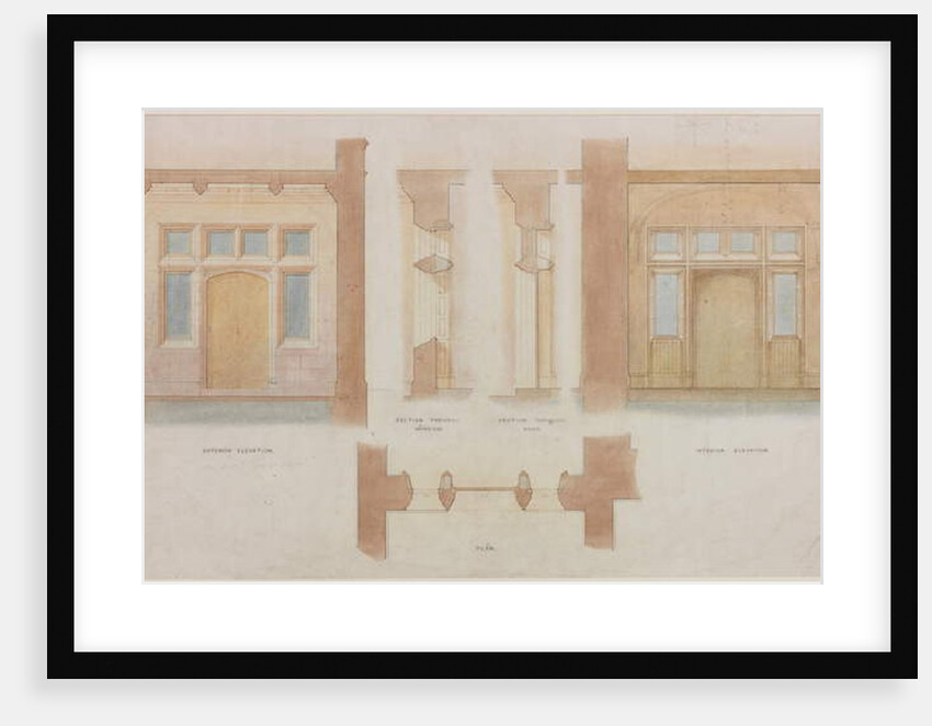 Elevation, Section and Plan of the Main Entrance of Holme Eden by John Dobson
