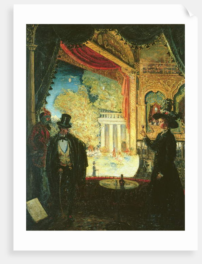 A Scene in a Theatre: A Performance Seen from a Box in which Three figures are Standing, 1908 by James Dickson Innes