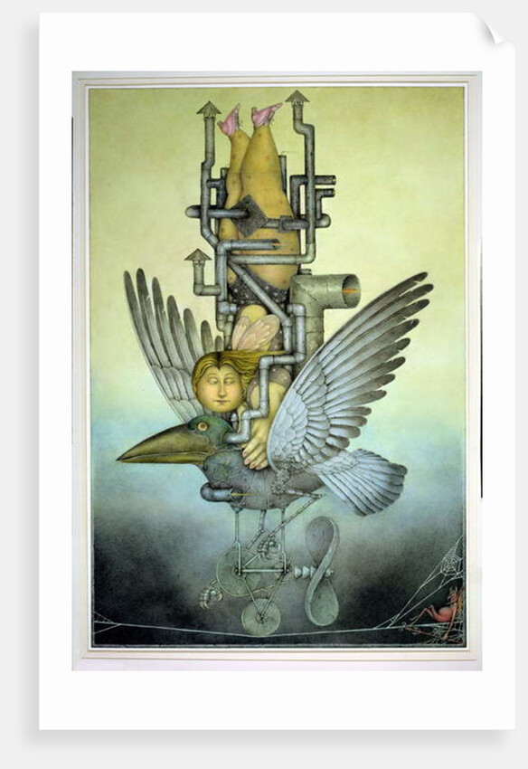 Balancing Girl on Mechanical Bird on Tightrope by Wayne Anderson
