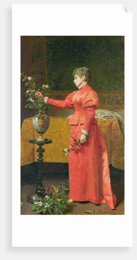 Woman arranging a vase of flowers by Alfonso Savini