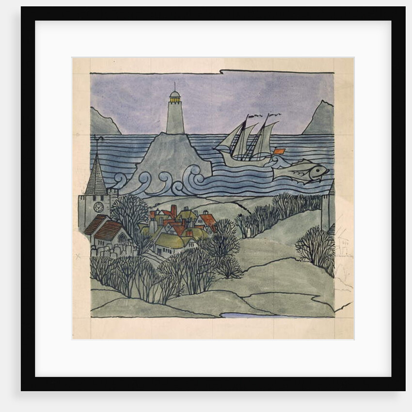 Lighthouse, ship and village by Charles Francis Annesley Voysey