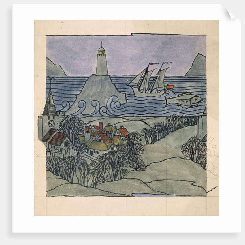 Lighthouse, ship and village by Charles Francis Annesley Voysey