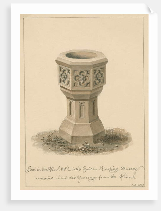 Surrey - Tooting - Font in the Revd. Mr. Lord's Garden: sepia drawing, 1827 by John Buckler