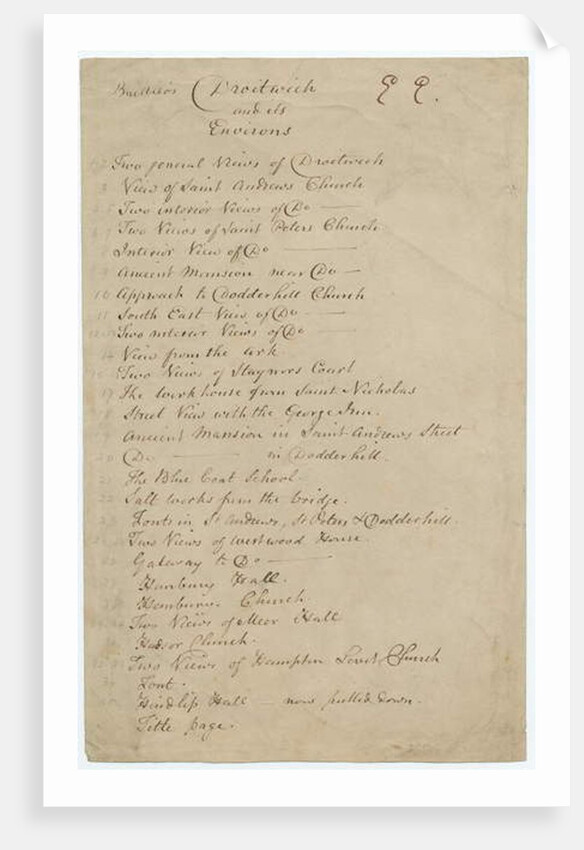Worcestershire - List of Views contained in Buckler's portfolio: manuscript, 1833 by John Buckler