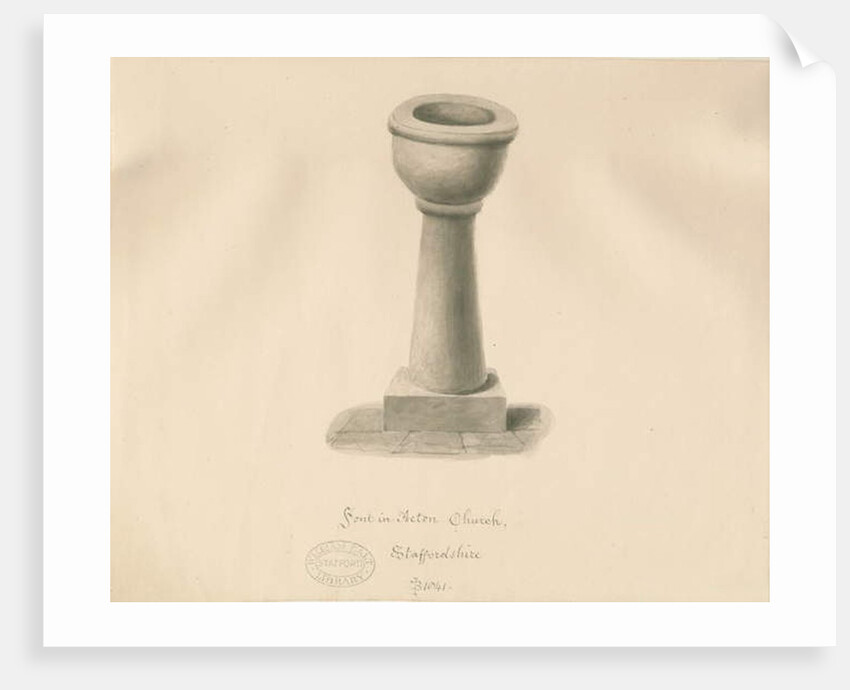 Font in Acton Trussell Church: sepia drawing, 1841 by John Buckler