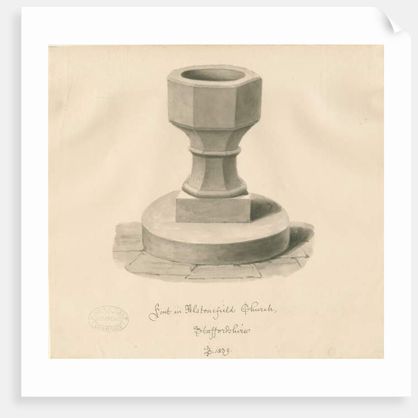 Font in Alstonfield Church: sepia drawing, 1839 by John Buckler