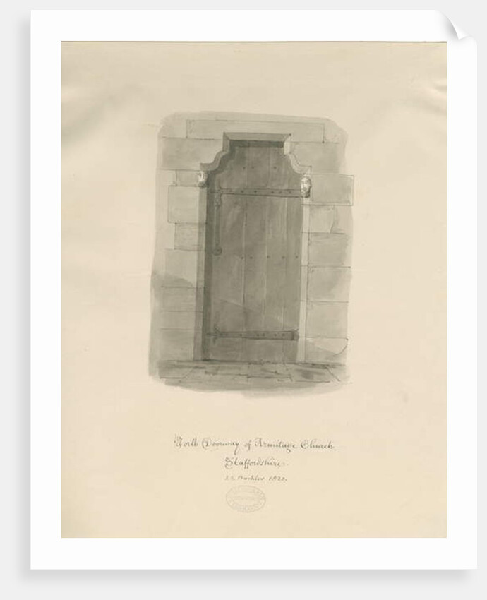 Armitage Church - North Doorway: sepia drawing, 1820 by John Chessell Buckler
