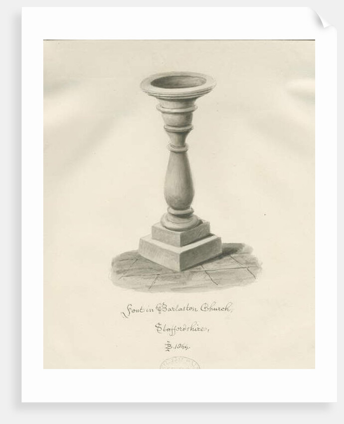 Font in Barlaston Church: sepia wash drawing, 1844 by John Buckler
