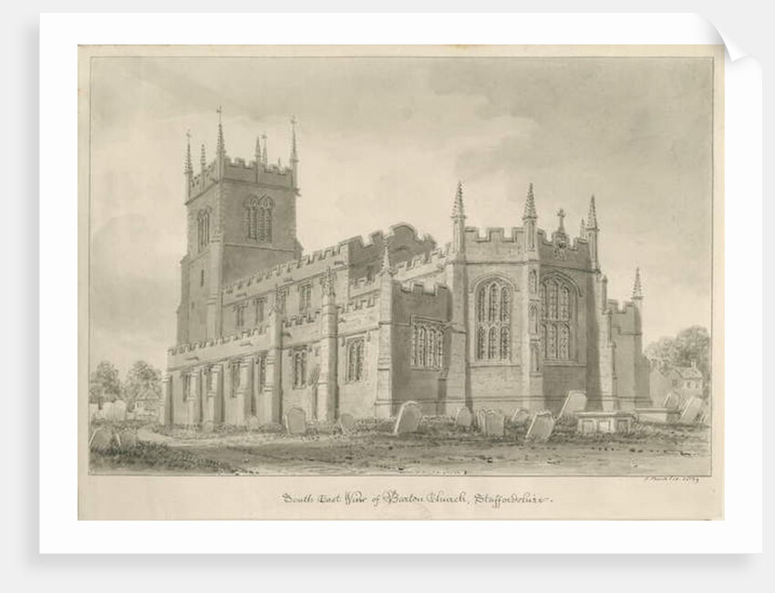 Barton under Needwood Church: sepia drawing, 1839 by John Buckler