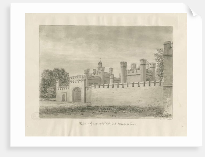 Blithfield Hall - Kitchen Court: sepia drawing, 1823 by John Buckler