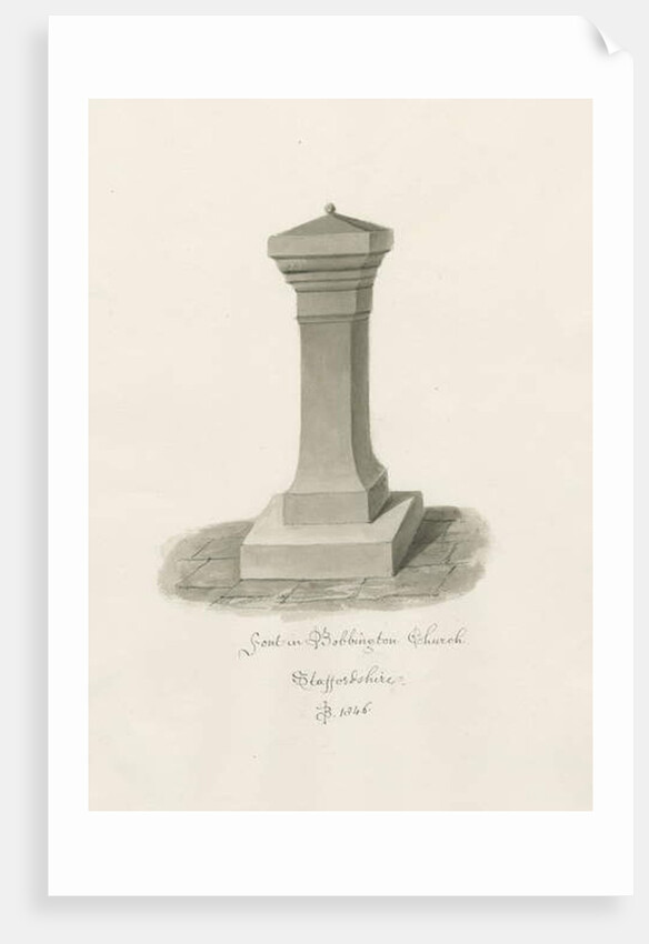 Font in Bobbington Church: sepia drawing, 1846 by John Buckler