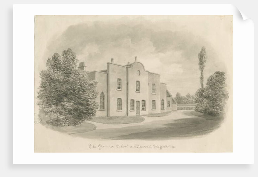 Brewood Grammar School: sepia drawing, nd [c 1842] by John Buckler