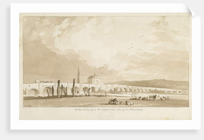 Burton-upon-Trent Bridge and Town: sepia drawing, 1837 by Thomas Peploe Wood