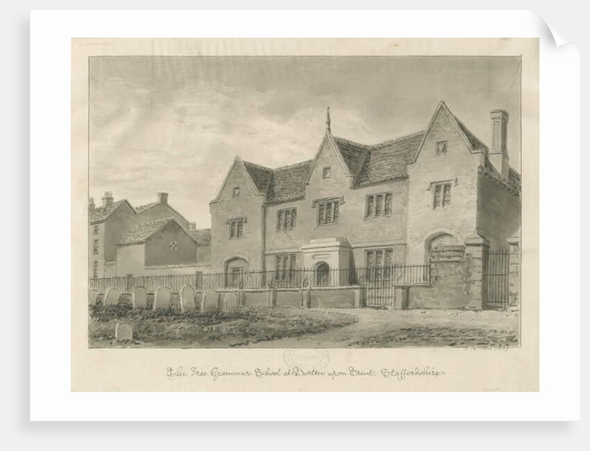 Burton-upon-Trent - Grammar School: sepia drawing, 1839 by John Buckler