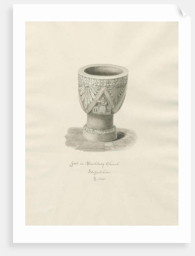 Font in Bushbury Church: sepia drawing, 1845 by John Buckler