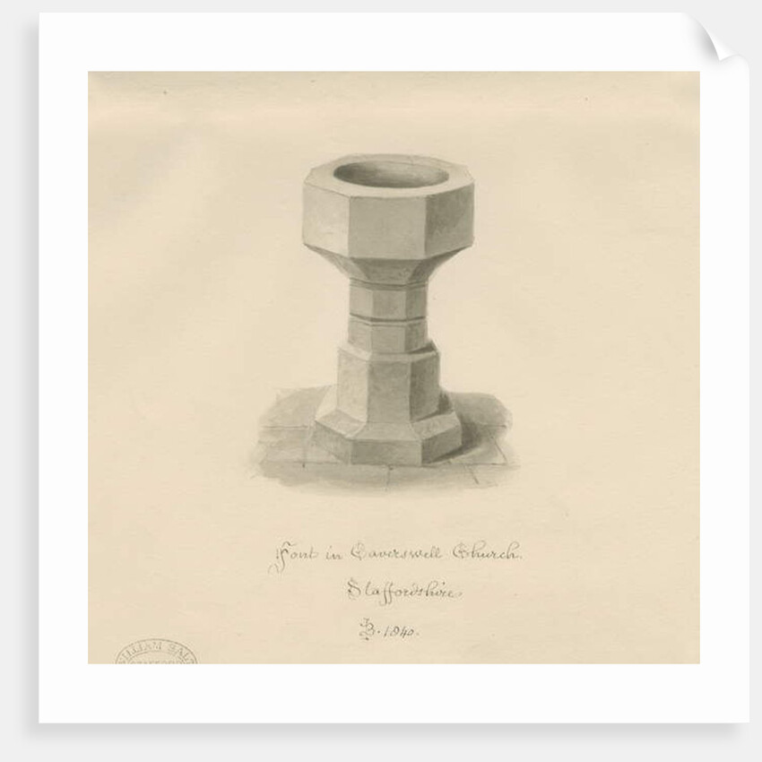 Font in Caverswall Church: sepia drawing, 1840 by John Buckler