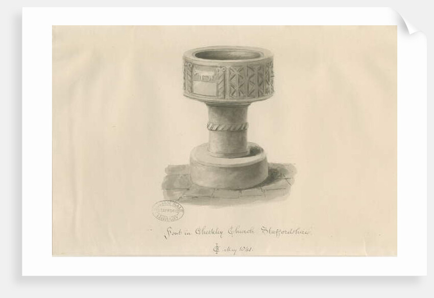 Font in Checkley Church: sepia drawing, 1841 by John Chessell Buckler
