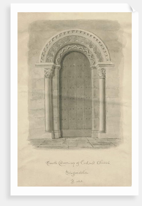 Codsall Church - South Doorway: sepia drawing, 1843 by John Buckler