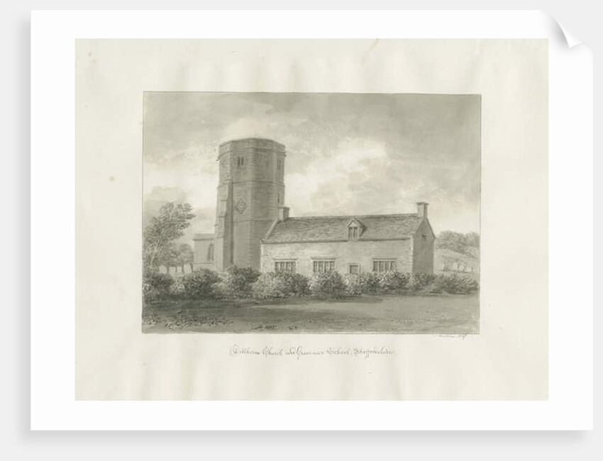 Dilhorne - Church and Grammar School: sepia drawing, 1847 by John Buckler