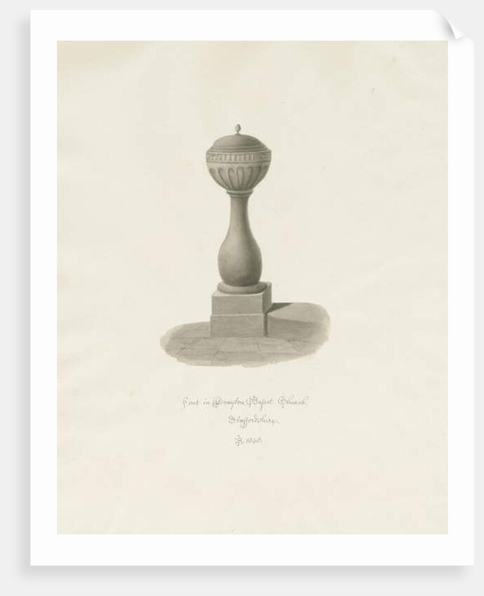 Font in Drayton Bassett Church: sepia drawing, 1848 by John Buckler