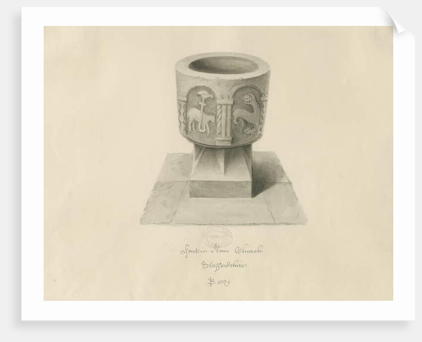 Font in Ilam Church: sepia drawing, 1839 by John Buckler