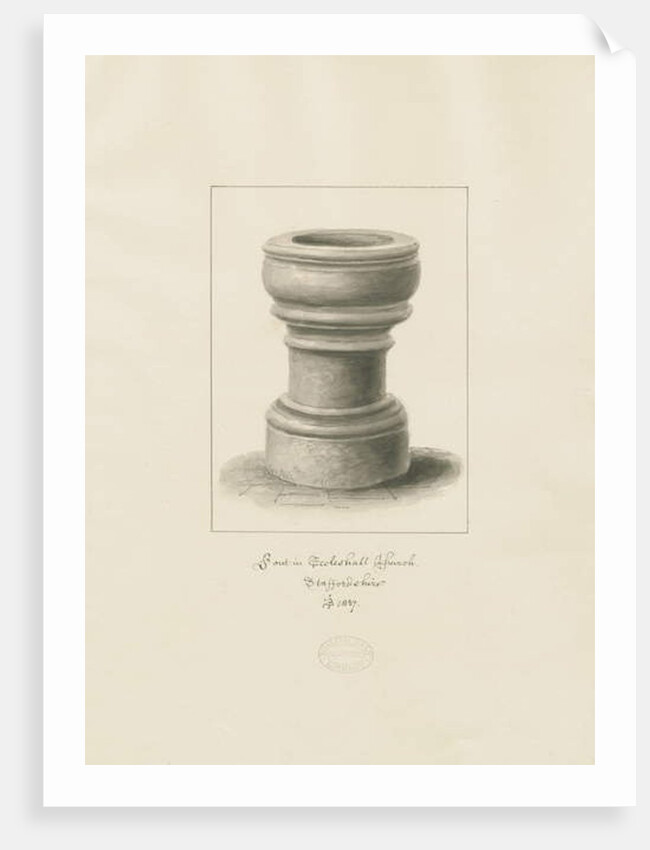 Font in Eccleshall Church: sepia drawing, 1837 by John Buckler