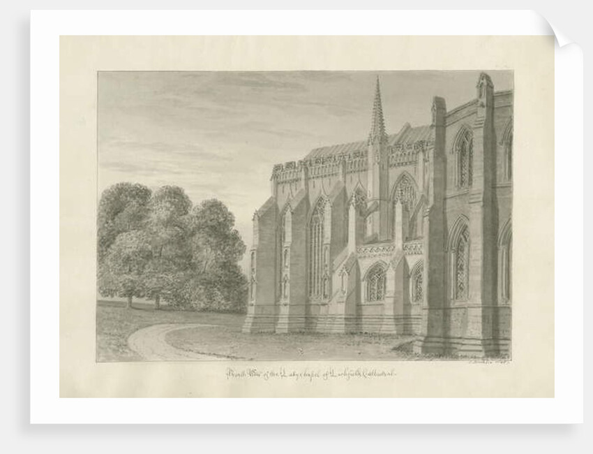 Lichfield Cathedral - North View: sepia drawing, 1845 by John Buckler