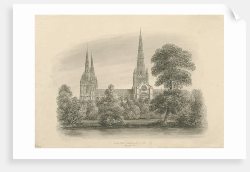 Lichfield Cathedral - South View: sepia drawing, 1841 by John Buckler