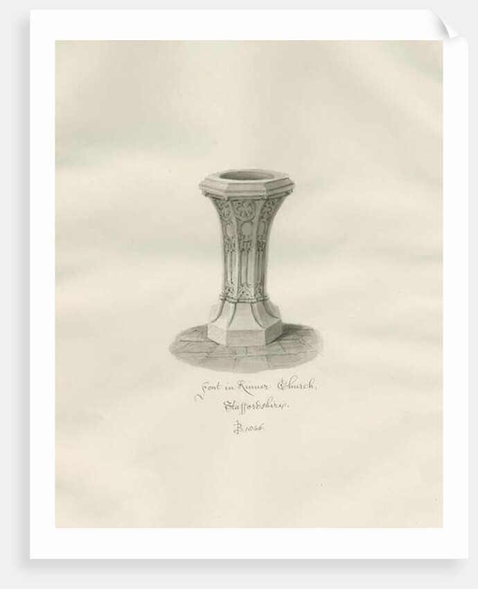 Font in Kinver Church: sepia drawing, 1846 by John Buckler