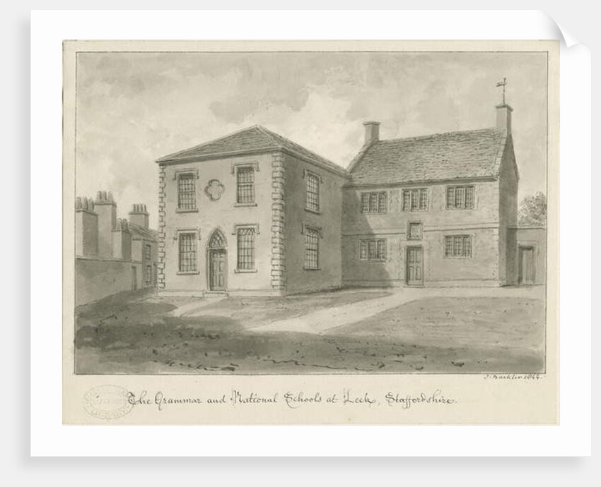 Leek Town - Grammar School: sepia drawing, 1844 by John Buckler