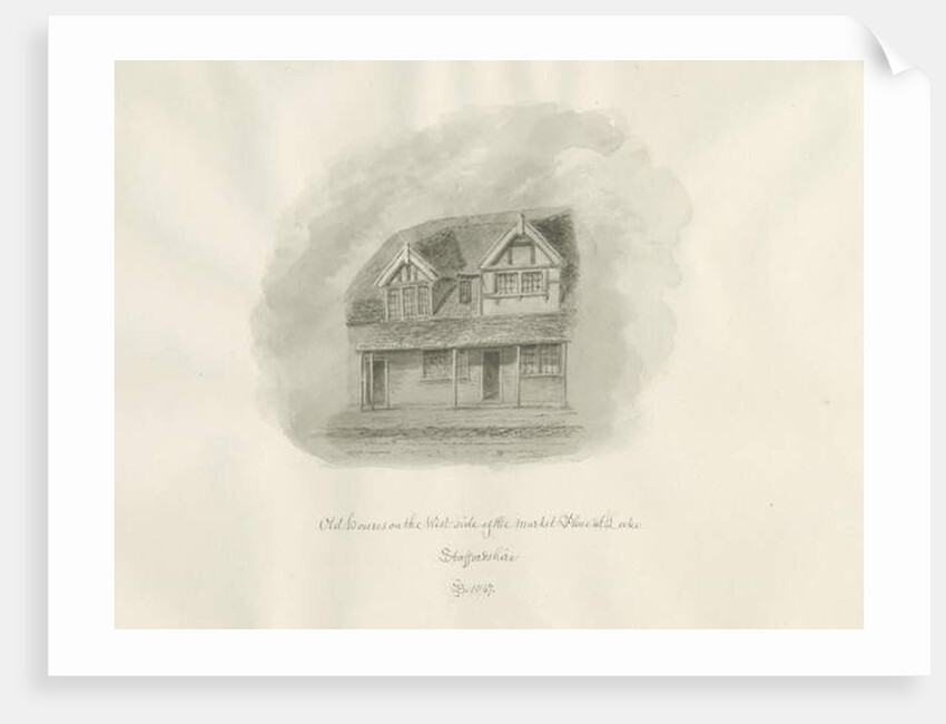 Leek Town - Old Houses in Market Place: sepia drawing, 1847 by John Buckler