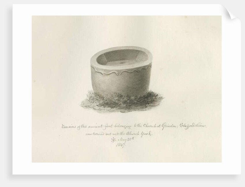 Font in Grindon Church: sepia drawing, 25 May 1847 by John Buckler
