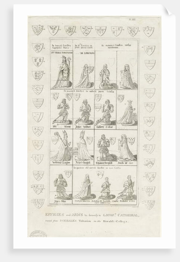 Lichfield Cathedral - Effigies and Arms: engraving by Stebbing Shaw