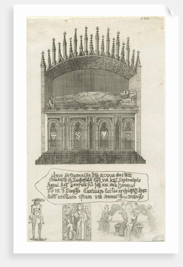 Lichfield Cathedral - Bishop's tomb [?Bishop Cornhill]: etching by School English