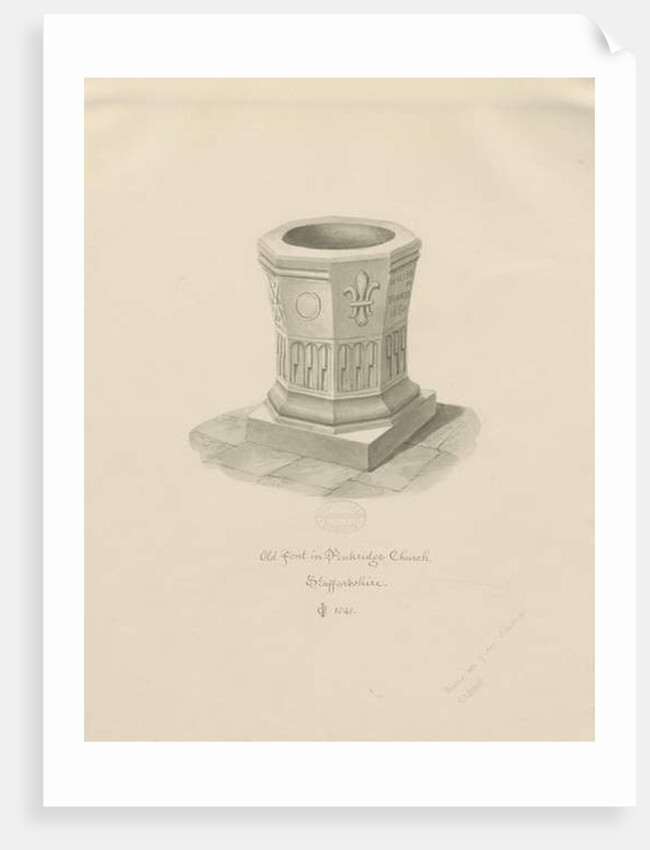 Font in Penkridge Church: sepia drawing, 1841 by John Chessell Buckler