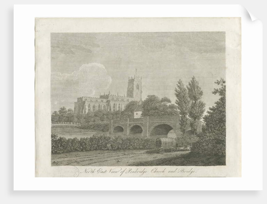Penkridge Town - Church and Bridge: engraving by School English