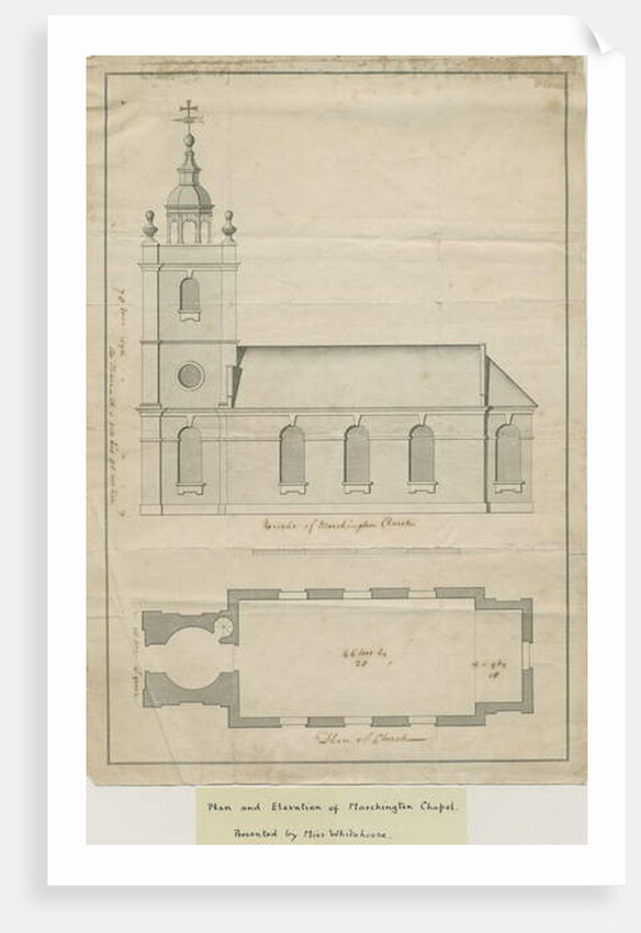 Marchington Church - Exterior Elevation and Interior Plan: pen drawing by School English