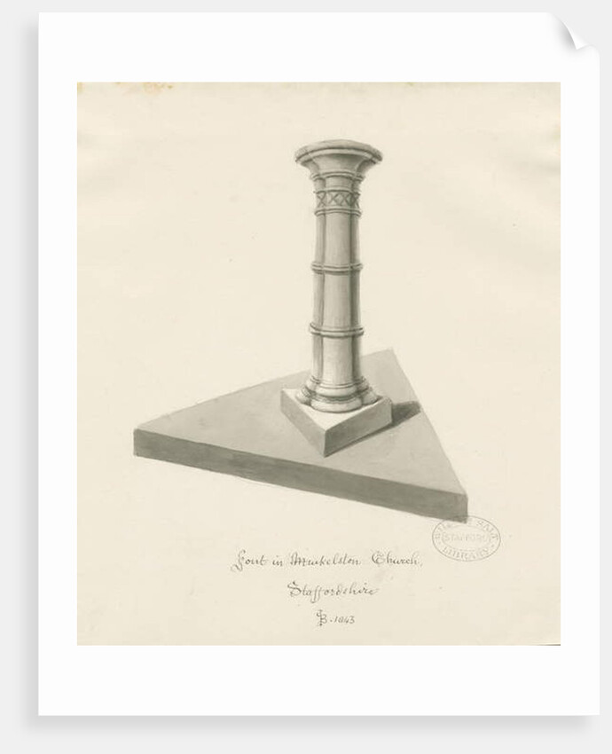 Font in Mucklestone Church: sepia wash drawing, 1843 by John Buckler