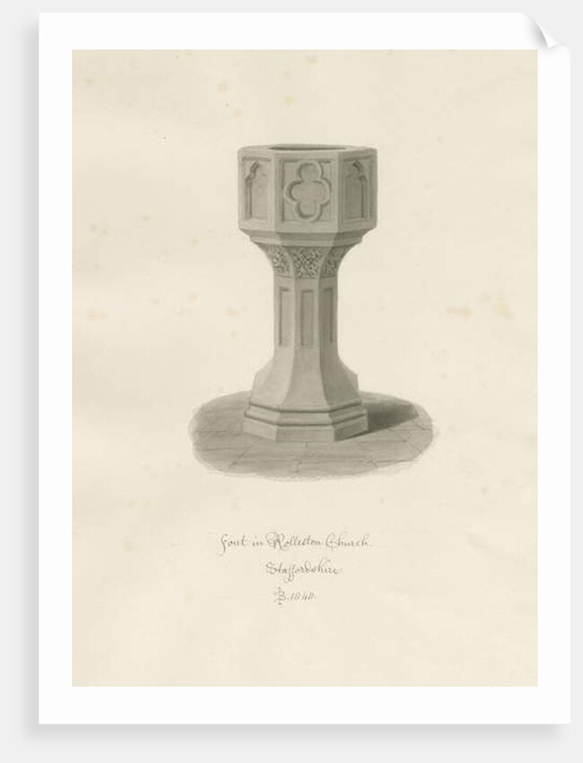 Font in Rolleston Church: sepia drawing, 1848 by John Buckler