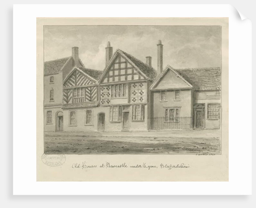 Newcastle-under-Lyme - Old Houses: sepia drawing, 1840 by John Buckler
