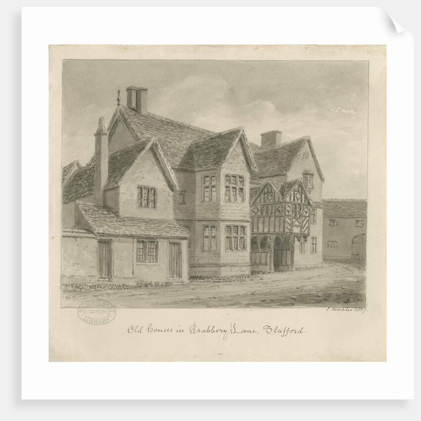 Stafford - Old Houses in Crabbery Lane: sepia drawing, 1837 by John Buckler